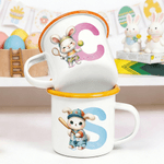 Personalized Cartoon Sports Rabbit Initial 12 oz Colored Rim Enamel Mug with Name Easter Party Gift for Boys Girls