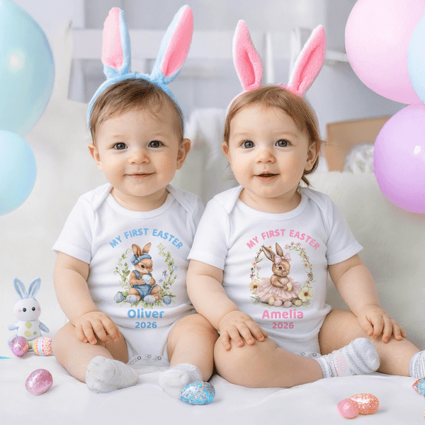 Personalised Cute Bunny Wreath 100% Cotton Baby Bodysuit with Name and Year Easter Party Birthday Gift for Baby