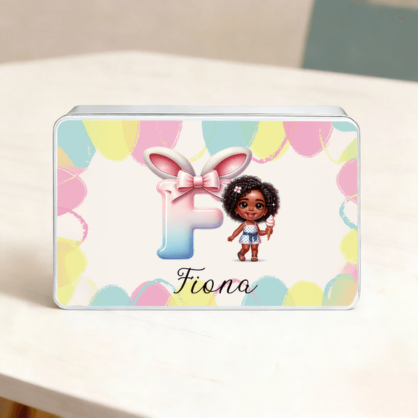 Personalised Cute Black Girl Bunny Initial Biscuit Tin Box with Text Storage Accessories Easter Party Gift for Girls