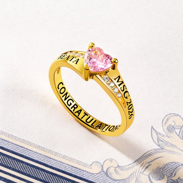 Personalized Dainty Heart Birthstone High School College Class Ring with Engraved Text Birthday Graduation Gift for Women Graduate