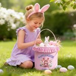 Personalised Cute Faux-Yarn Effect Bunny Carrot Flower Plaid Easter Basket with Name Daily Use Happy Easter Gift for Boys Girls