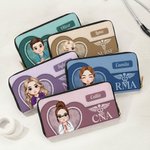 Personalised Vintage Cartoon Nurse Doctor Character PU Leather Hand Wallet with Name and Text Birthday Appreciation Gift for Medical Staff