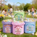 Personalised Cute Faux-Yarn Effect Bunny Carrot Flower Plaid Easter Basket with Name Daily Use Happy Easter Gift for Boys Girls