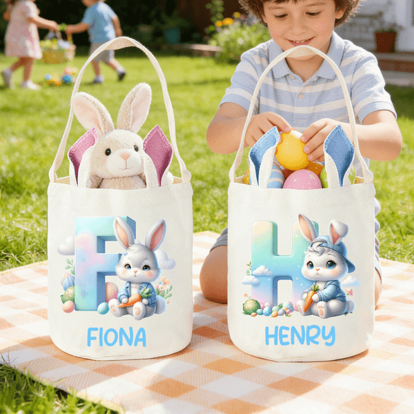Personalised Cute Cartoon Rabbit Initial Bunny Ears Easter Basket with Name Egg Hunting Accessory Easter Gift for Boys Girls