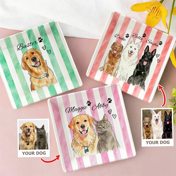 Personalized Stripe Paw Print Watercolor Style Pet Photo Ceramic Trinket Jewelry Dish with Name Home Decor Birthday Memorial Gift for Pet Lovers