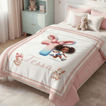 Personalized Cartoon Black Girl Soft Throw Blanket with Name Home Decor Easter Birthday Gift for Girls