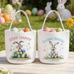 Cestino pasquale in tela con nome e testo personalizzato Happy Easter Bunny Design Cestino pasquale in tela di grande capacità con nome e testo Regalo per la festa della caccia alle uova di Pasqua per