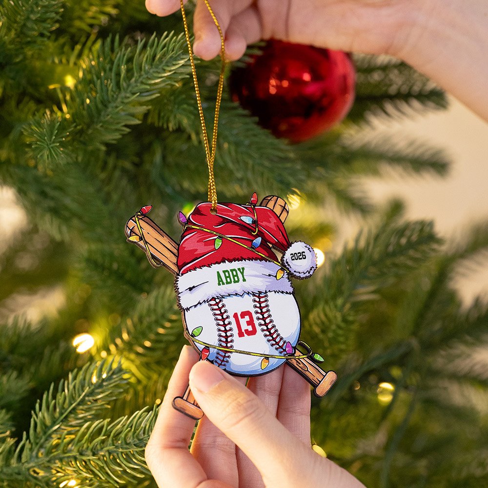 Ornement de Noël personnalisé en forme de chapeau de père Noël avec nom, numéro et année Décoration de l'arbre de Noël pour les amateurs de baseball 6