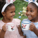 Taza esmaltada personalizada de 12 oz con nombre de conejita negra con orejas y lazo regalo de Pascua para niños niñas negras