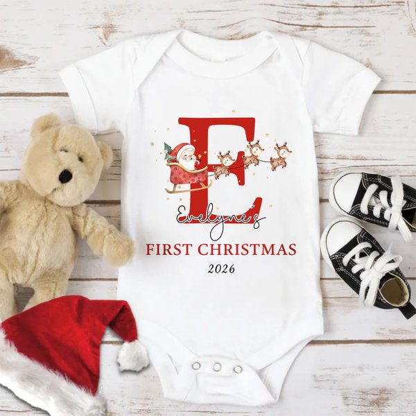 Personalised Santa Sleigh Xmas 100% Cotton Baby Bib Short Sleeve Bodysuit with Initial Name and Year Coming Outfit First Christmas Gift for Newborns