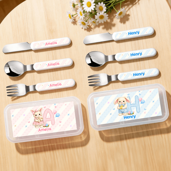Personalised Cute Bunny Initial Safe Stainless Steel Fork Spoon Knife 3 Pcs Cutlery Set with Name and Case Back to School Birthday Gift for Boys Girls