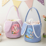 Personalized Cute Rabbit Corduroy Plush Bunny Ears Easter Basket with Name and Initial Happy Easter Egg Hunting Gift for Kids