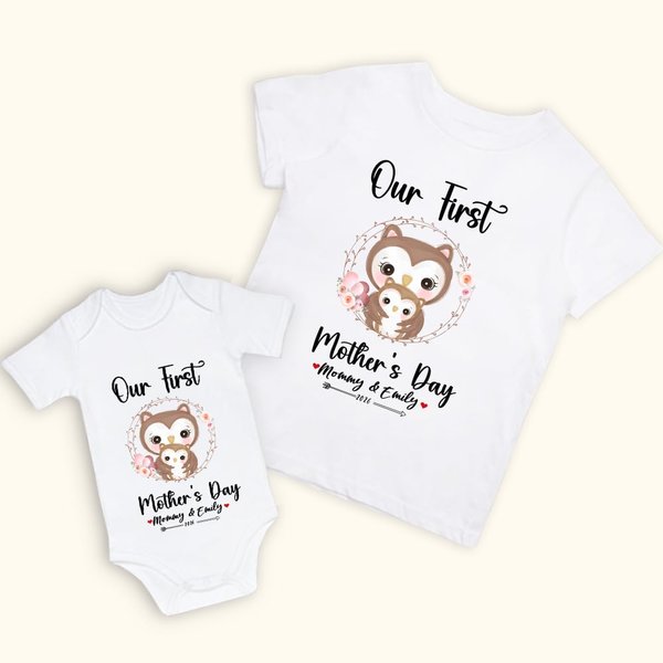 Maglietta personalizzata per la festa della mamma con gufo e tutina per bebè Mamma e bebè con nome, regalo per la neomamma.