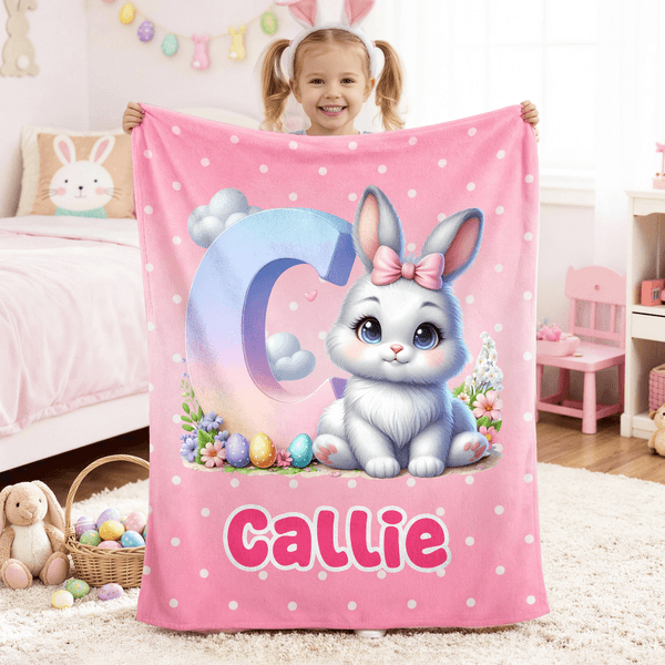 Personalised Cute Easter Eggs Bunny Initial Polka Dot Multicolour Soft Throw Blanket with Name Home Decor Easter Gift for Kids Family