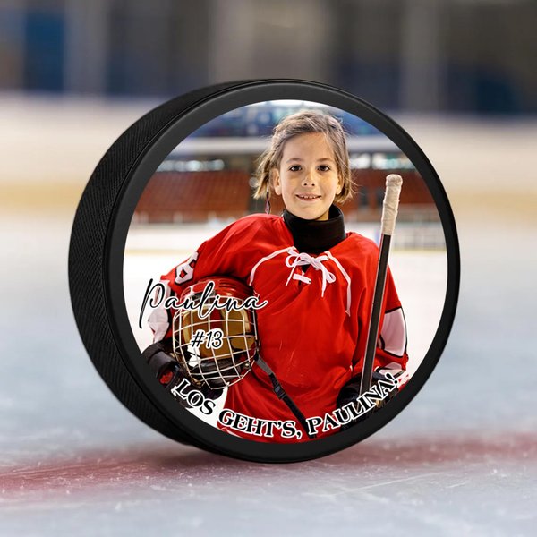 Personalisierter Eishockey Puck aus Hartgummi mit Foto Nummer Namen und Wunschtext Winterspiele Team Geschenk für Trainer Eishockey-Spieler und -Fans