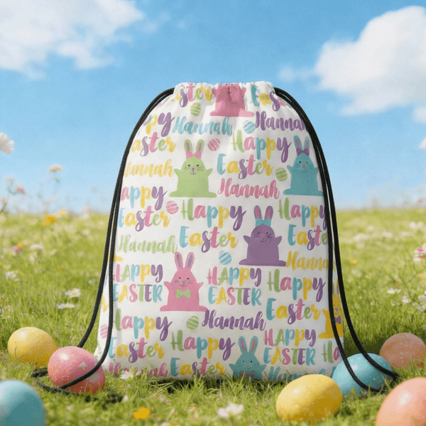 Personalized Easter Bunny Name Word Cloud Drawstring Bag Daily Use Easter Party Gift for Students Kids