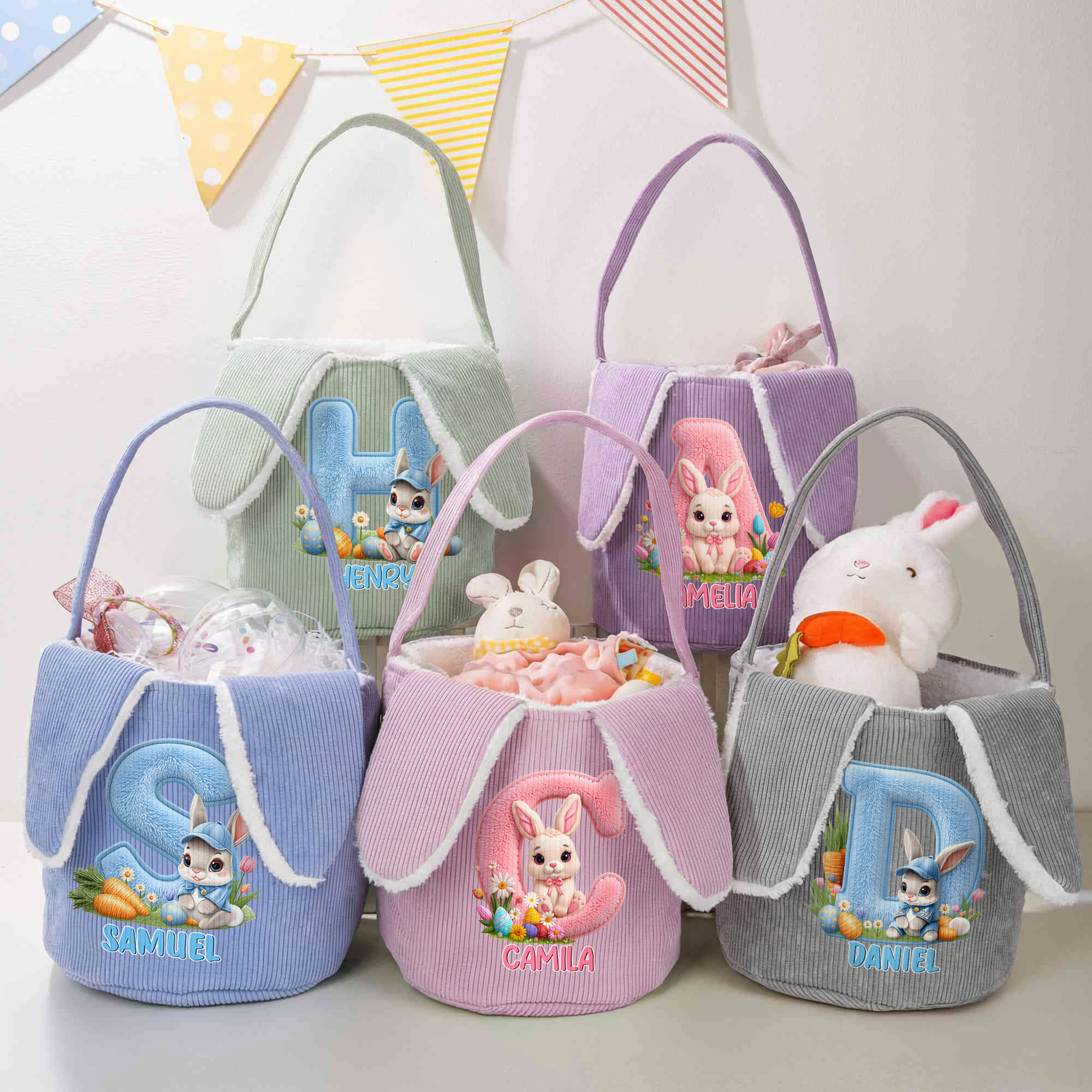 Personalisierter Kord-Osterkorb mit niedlichem Hasen Ostereier Muster Namen Hasenohren und Initiale Ostern Ostereierjagd Geschenk für Kinder