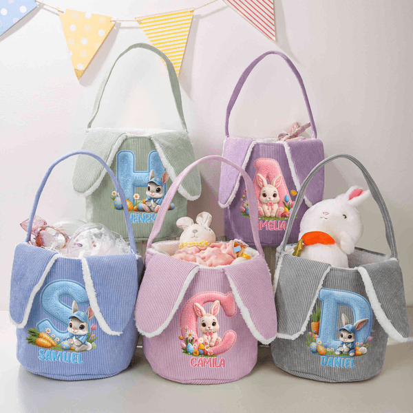 Personalisierter Kord-Osterkorb mit niedlichem Hasen Ostereier Muster Namen Hasenohren und Initiale Ostern Ostereierjagd Geschenk für Kinder