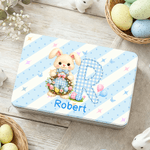 Personalised Cute Easter Bunny Food-Grade Metal Biscuit Tin Box with Initial and Name Easter Party Birthday Gift for Kids