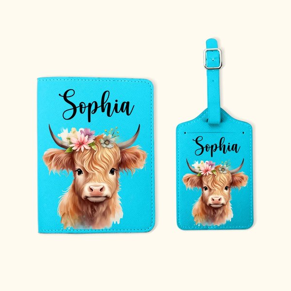 Personalisierte Floral Hochlandkuh Leder Passport Halter Gepäckanhänger Set mit Namen Reisezubehör Geburtstagsgeschenk für Hochlandkuh-Liebhaber