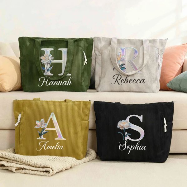 Personalisierte Cord Tragetasche mit irisierende Geburtsblume und Initiale | mit Namen | Tote Bag | Shopper | Muttertag Geburtstag Geschenk für Frauen