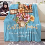 Callie Moment Personalized Watercolor Floral Cross Soft Throw Blanket with Name and Text Christmas Birthday Baptism Gift for Christian Friend
