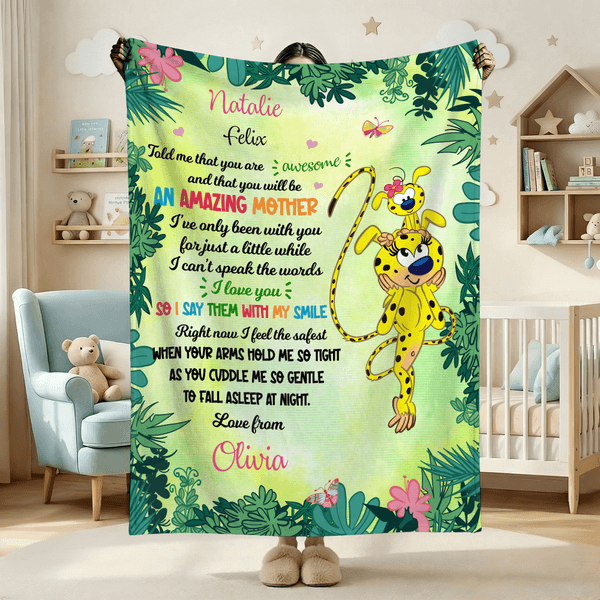 Marsupilami suave manta personalizada de dibujos animados con nombre Decoración del hogar Regalo de cumpleaños para el Día de la Madre | Callie × Marsupilami