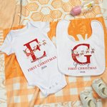 Personalized Santa Sleigh Xmas 100% Cotton Baby Bib Bodysuit with Initial Name and Year Coming Outfit First Christmas Gift for Newborns