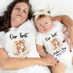 Gepersonaliseerde Schattige Tijger Onze Eerste Moederdag 100% Katoenen T-shirt Baby Onesie Set met Namen Moederdagcadeau voor Nieuwe Moeder Baby