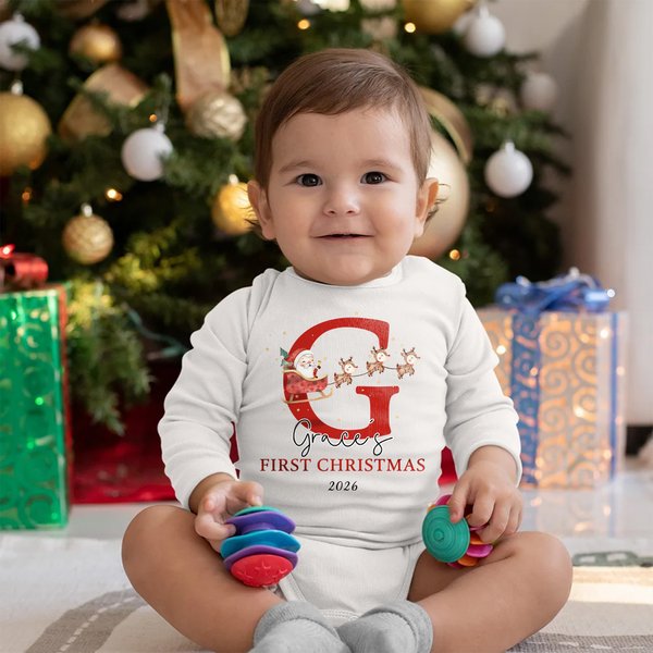 Personalised Santa Sleigh Xmas 100% Cotton Baby Bib Bodysuit with Initial Name and Year Coming Outfit First Christmas Gift for Newborns