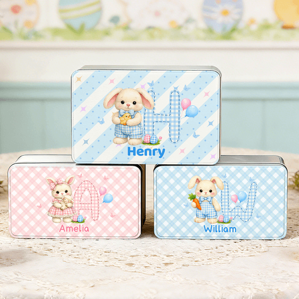 Personalized Cute Easter Bunny Food-Grade Metal Biscuit Tin Box with Initial and Name Easter Party Birthday Gift for Kids