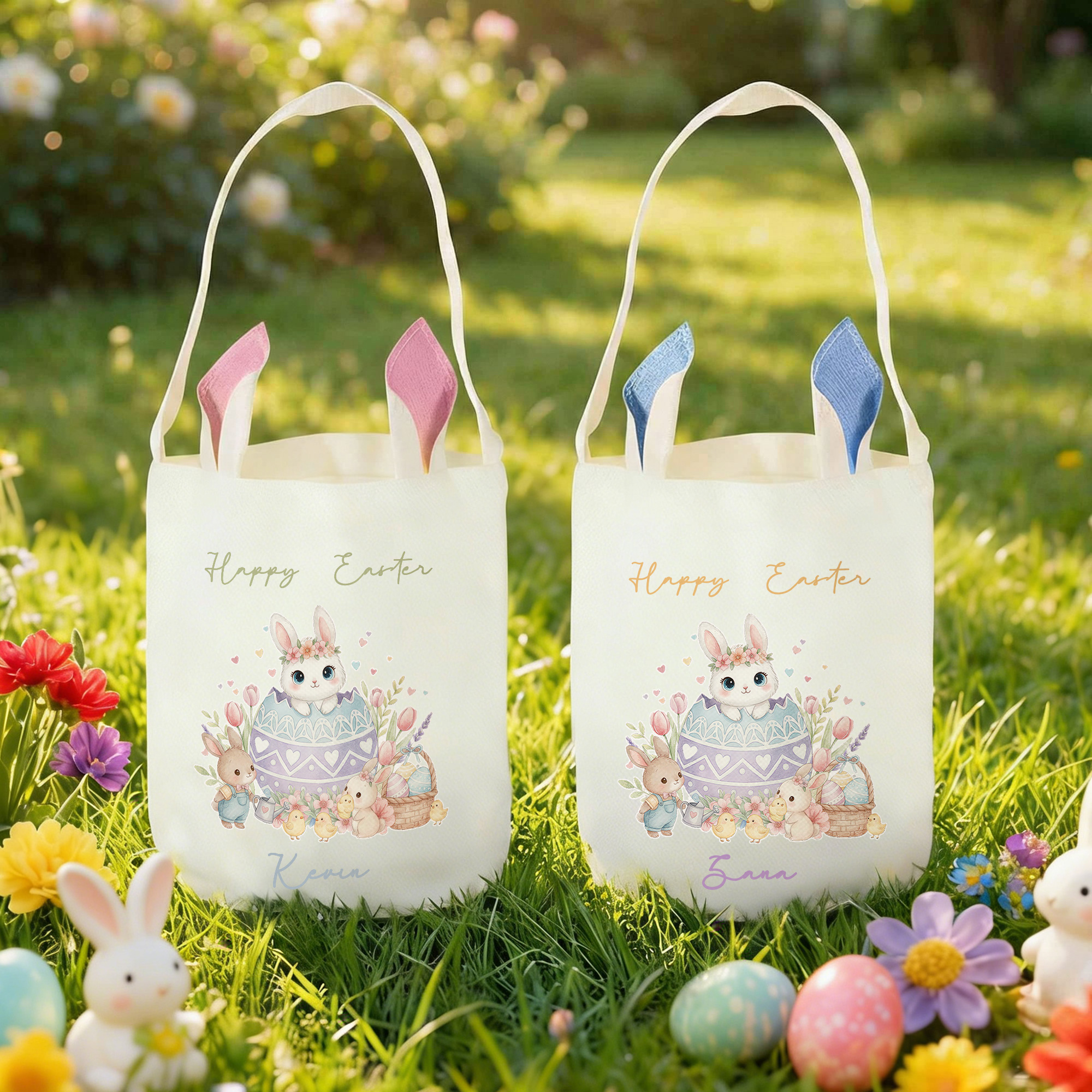 Personalisierte Frohe Ostern niedlichen Hasen Osterei Hasenohren Korb mit Namen Eierjagd Party Ostergeschenk für Jungen Mädchen