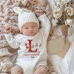 Personalized Santa Sleigh Xmas 100% Cotton Baby Bib Bodysuit with Initial Name and Year Coming Outfit First Christmas Gift for Newborns