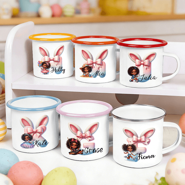 Personalised Cute Black Girl Bunny Ears Bow Initial 12 oz Enamel Mug with Name Easter Gift for Kids Black Girls