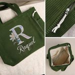 Bolso tote de pana personalizado con flor de nacimiento nombre e inicial con efecto perla de gran capacidad regalo de cumpleaños para mujer o chica