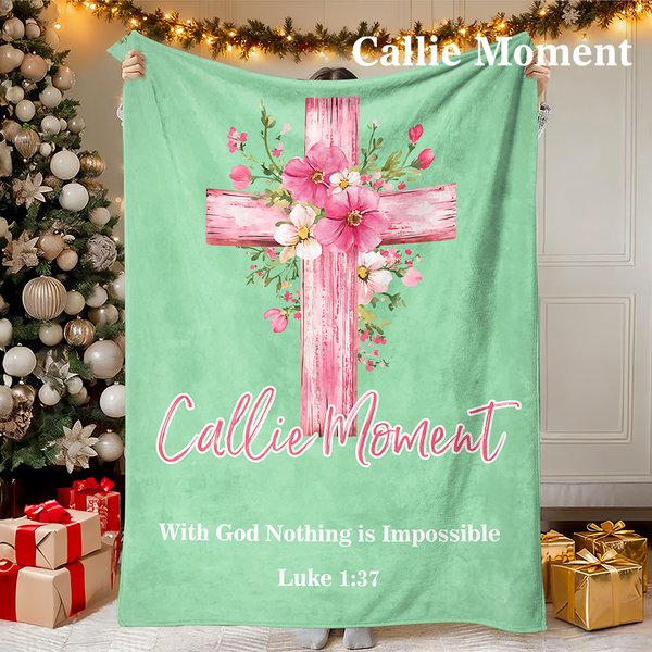 Callie Moment Personalized Watercolor Floral Cross Soft Throw Blanket with Name and Text Christmas Birthday Baptism Gift for Christian Friend