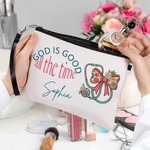 Personalisierte Gott ist gut die ganze Zeit Schminktasche mit Namen und Handgelenkband Reise Essentials Geburtstagsgeschenk für Krankenschwester