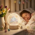 Personalised Easter Bunny Flower Acrylic LED Night Light with Name and Wooden Base Home Decor Easter Gift for Kids