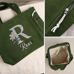Gepersonaliseerde Ribfluweel Grote Tas met Pareleffect Geboortebloem Naam en Initiaal Dagelijks Gebruik Verjaardagscadeau voor Haar