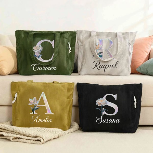 Bolso tote de pana personalizado con flor de nacimiento nombre e inicial con efecto perla de gran capacidad regalo de cumpleaños para mujer o chica