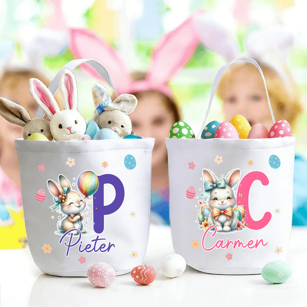 Personalisierte niedliche Ostern Hase Eier Blume Initial Osterkorb mit Namen Ostertag Eierjagd Party Geschenk für Kinder