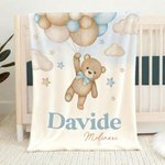 Coperta da lettino morbida personalizzata con nome, con palloncini a forma di orso - Regalo di compleanno per neonati e bambini