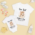 Gepersonaliseerde Schattige Tijger Onze Eerste Moederdag 100% Katoenen T-shirt Baby Onesie Set met Namen Moederdagcadeau voor Nieuwe Moeder Baby