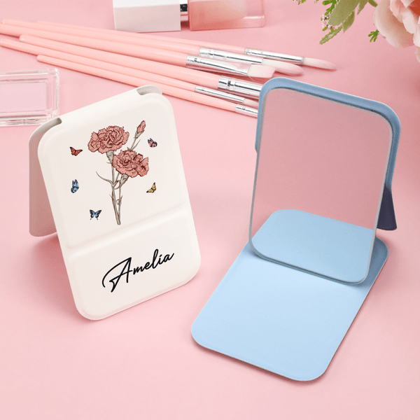 Personalizado Nacimiento Flor Mariposa PU Cuero Espejo de Maquillaje con Nombre Plegable Viaje Esenciales Cumpleaños Aniversario Regalo para Mujeres