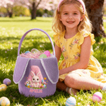 Personalized Cute Rabbit Corduroy Plush Bunny Ears Easter Basket with Name and Initial Happy Easter Egg Hunting Gift for Kids