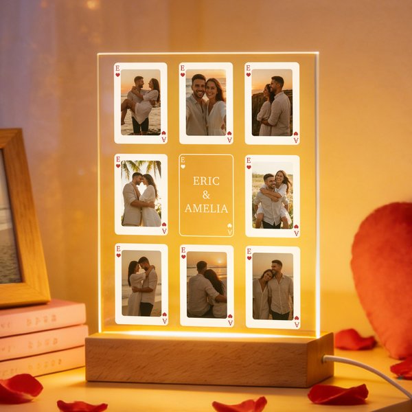 Personalised Poker Photos Seven Colours Initial LED Night Light with Text and Wooden Base Room Decor Valentine's Day Gift for Couple