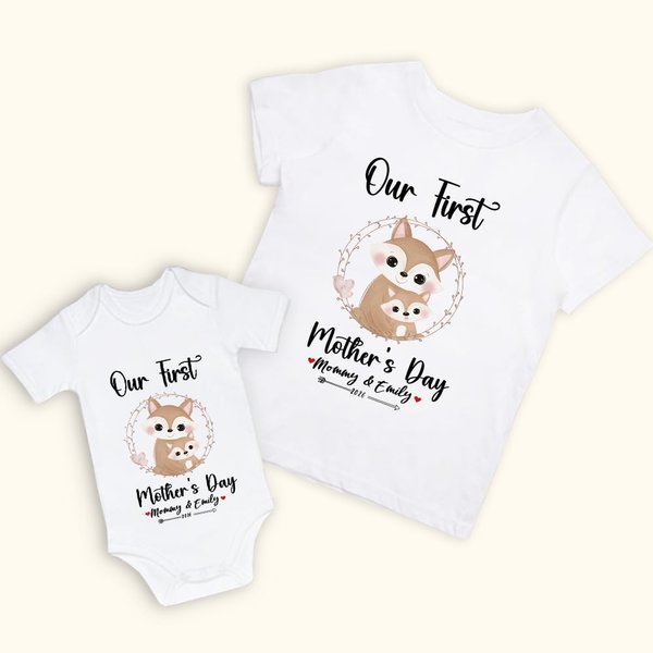 Henkilökohtainen söpö Fox Design 100% puuvilla T-paita ja Baby Onesie Matching Outfit Ensimmäinen äitienpäivälahja vastasyntyneelle uudelle äidille.