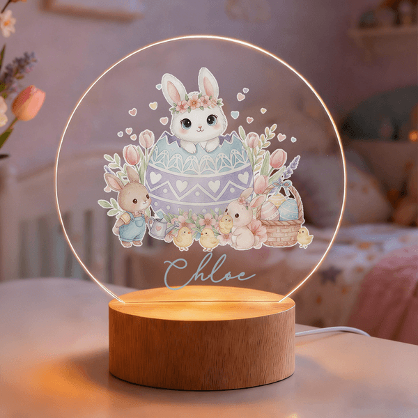 Personalised Easter Bunny Flower Acrylic LED Night Light with Name and Wooden Base Home Decor Easter Gift for Kids