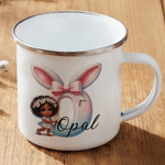 Taza esmaltada personalizada de 12 oz con nombre de conejita negra con orejas y lazo regalo de Pascua para niños niñas negras