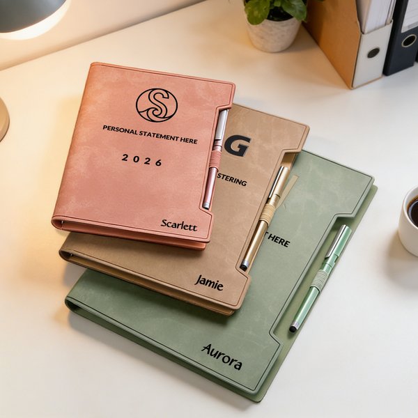 Personalised Logo PU Leather Binder Notebook with Name Slogan and Year Birthday Anniversary Gift for Friend Woman
